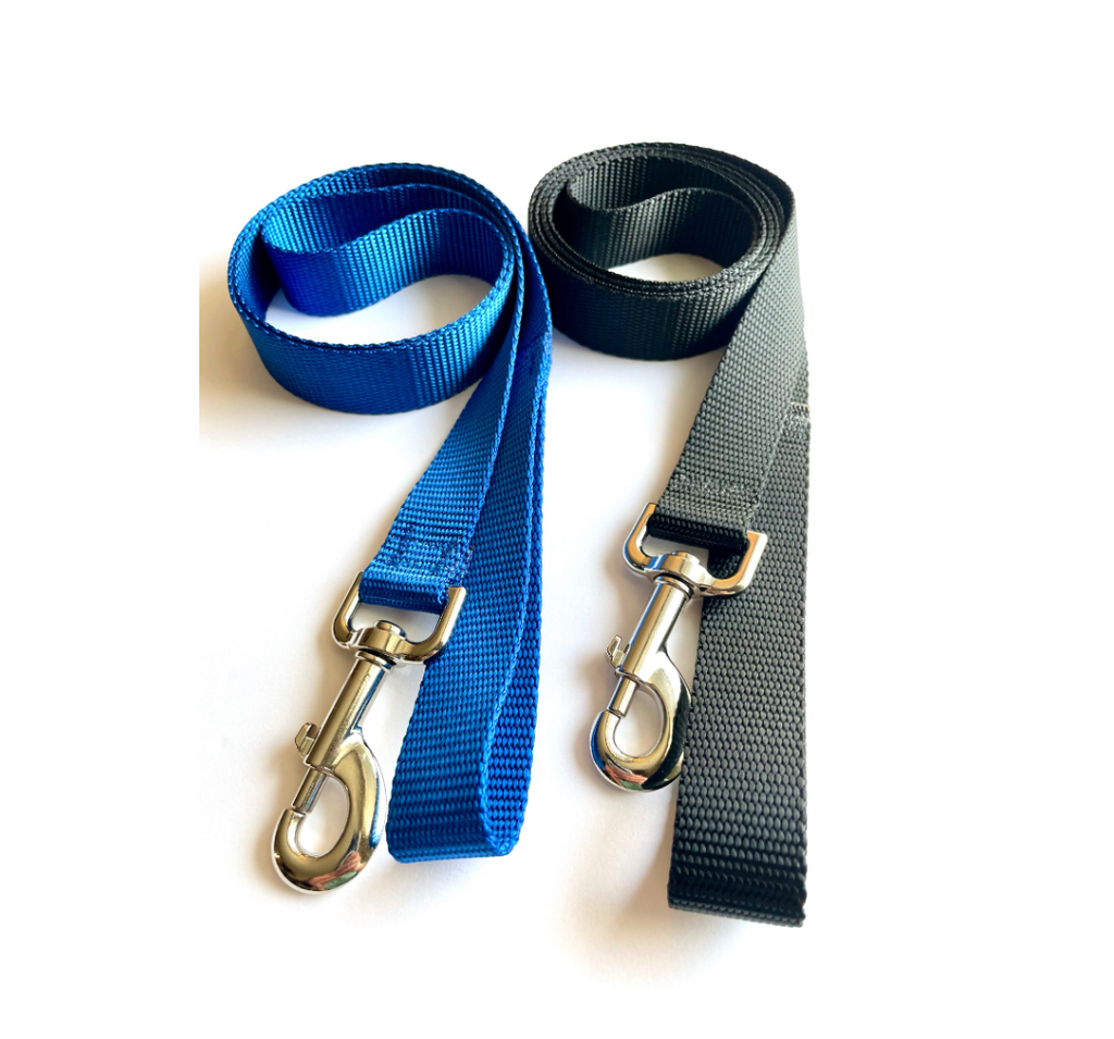 Two dog leashes, one blue and one black, on a white background.