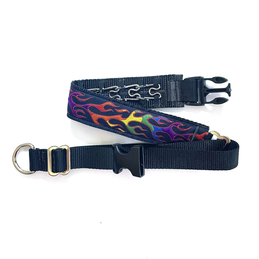Hidden Prong Dog Training Collar Black with Rainbow Flames Design