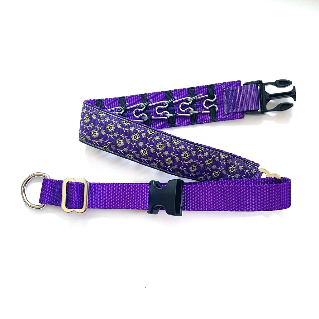 Hidden Prong Dog Training Collar Purple with Small Gold Flowers Design